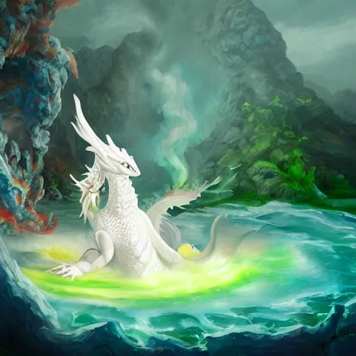 Image similar to detailed painting of a white dragon sitting in the middle of a colorful geothermal hotspring in a cavern, featured on artstation