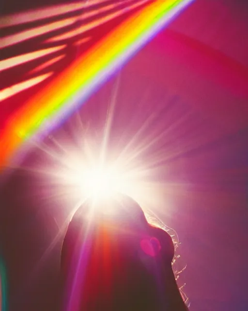 Prompt: solar lens flare, crystal refractions, muted rainbow light, sharp lines, thick black ink, 9 0 s film, woman's face