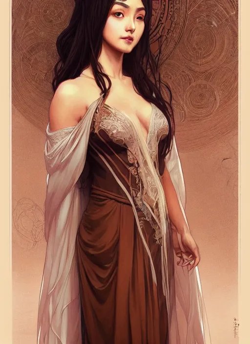 Prompt: cute brown woman wearing a transparent night gown and hanfu face veil, fantasy, intricate, highly detailed, digital painting, artstation, concept art, wallpaper, smooth, sharp focus, illustration, art by artgerm and greg rutkowski and alphonse mucha