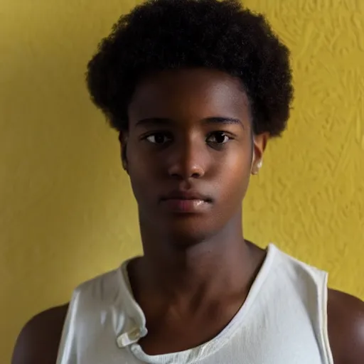 Prompt: black teenage boy wearing a white tank top, standing in a room with yellow walls and brown carpet