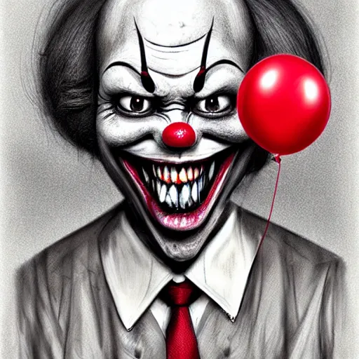 Prompt: surrealism grunge cartoon portrait sketch of a king with a wide smile and a red balloon by - michael karcz, loony toons style, pennywise style, horror theme, detailed, elegant, intricate