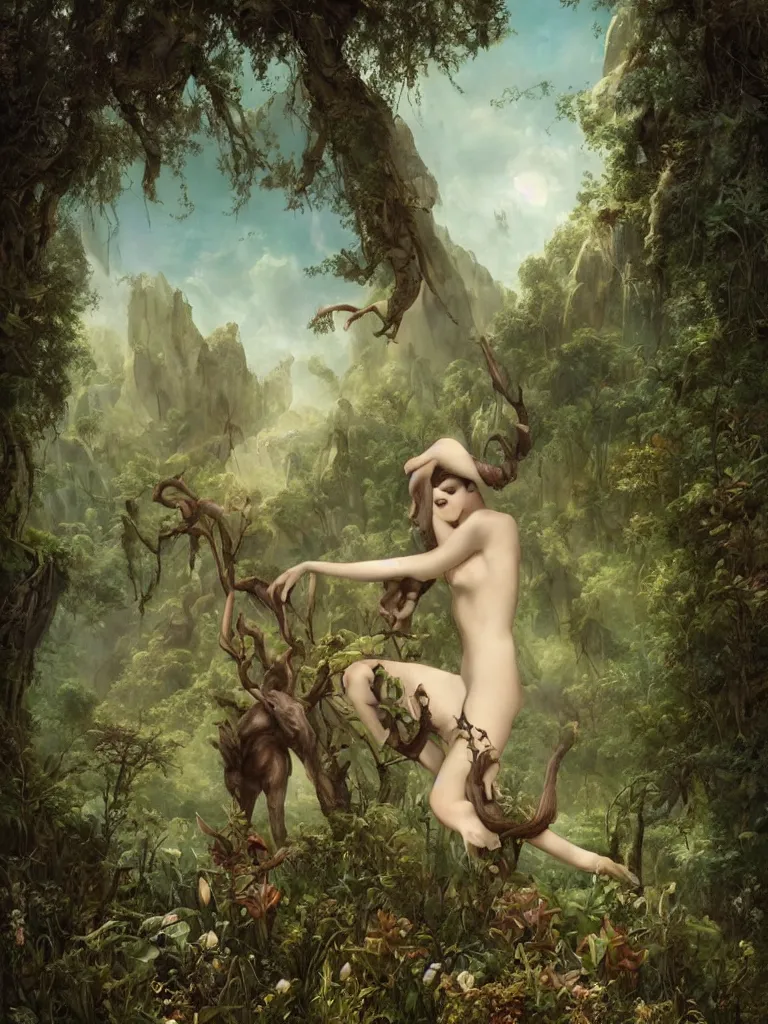 Prompt: a beautiful lush landscape of a the most beautiful satyr in a field are of broken stone words, hyperrealistic, award-winning, masterpiece, in the style of Tom Bagshaw, Cedric Peyravernay, Peter Mohrbacher