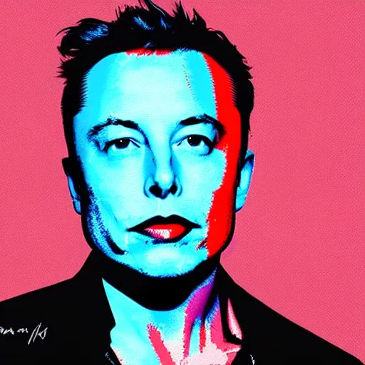 Prompt: the portrait of fearless, daring, courageous and bold elon musk, ready to save the world, colorful pop art, modern art, by andy warhol