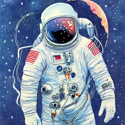 Image similar to james jean water color of an astronaut drifting in space staring at the earth