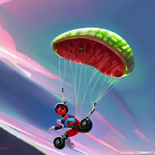 Image similar to A watermelon skydiving from a plane, dynamic lighting, cinematic, ultra detailed, trending on art station