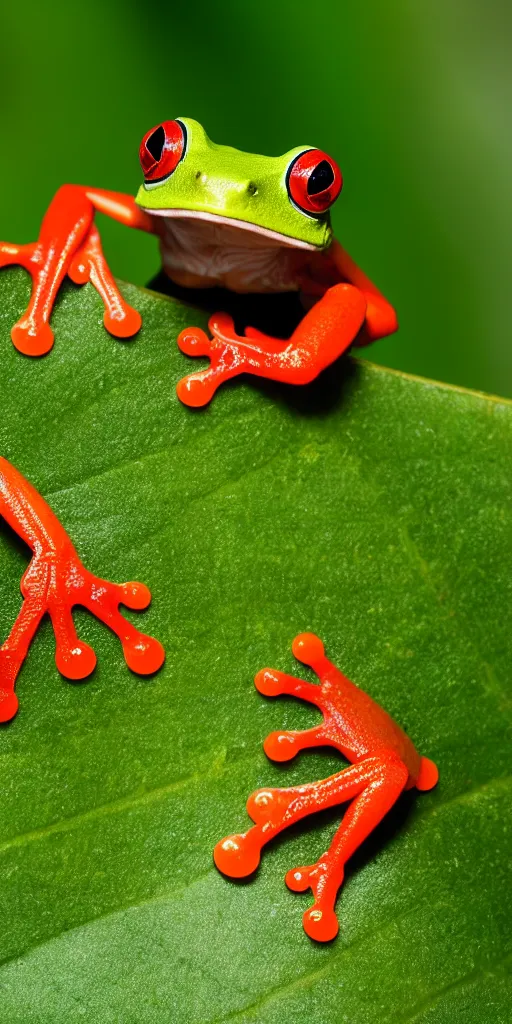 Prompt: macro photo of a red-eyed tree frog on a leaf, Nikon D810, ƒ/5.0, focal length: 46.0 mm, Exposure time: 1/60, ISO: 400, hyper-detailed, award-winning National Geographic photo