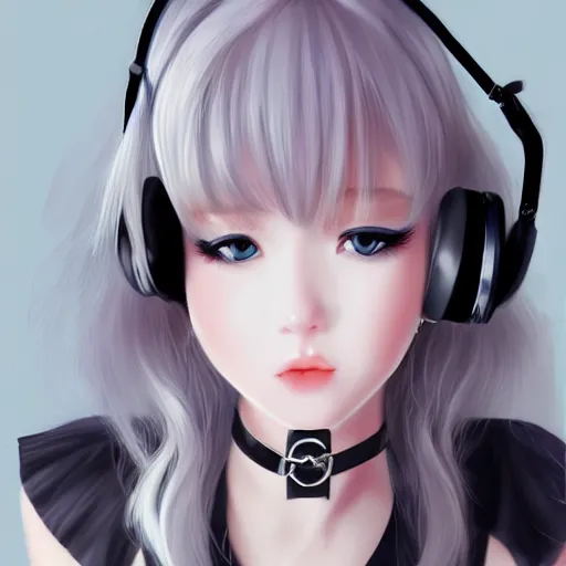 Image similar to realistic detailed semirealism beautiful gorgeous cute Blackpink Lalisa Manoban white hair white cat ears blue eyes, wearing black camisole maid outfit, headphones, black leather choker full HD 4K high resolution quality WLOP, Aztodio, Taejune Kim, Guweiz, Pixiv, Instagram, Artstation