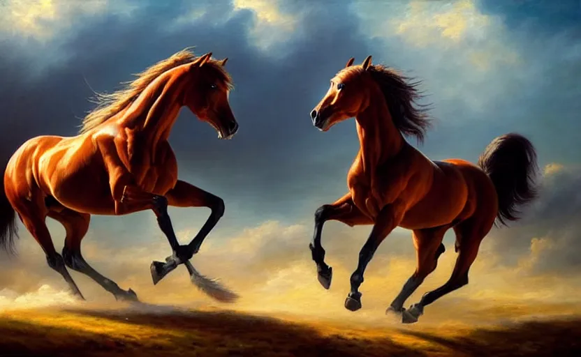 Image similar to a masterpiece oil painting of a proud horse galloping alone. wide angle, fantasy art, alex ross, heroic lighting, very very very beautiful raytraced rendering