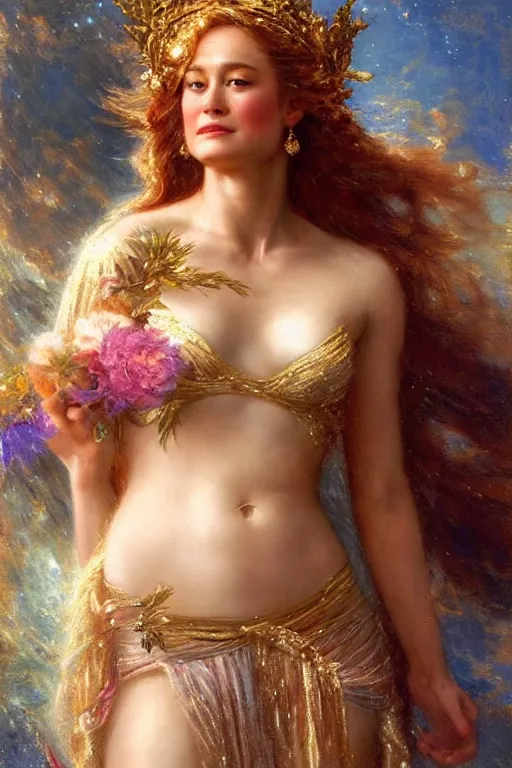 Image similar to portrait of brie larson as the goddess aphrodite. art by gaston bussiere.