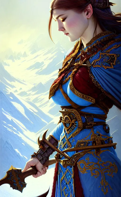 Image similar to azure viking warrior, regal, elegant, winter, snow, beautiful, stunning, hd, illustration, epic, d & d, fantasy, intricate, elegant, highly detailed, wide angle, digital painting, artstation, concept art, smooth, sharp focus, illustration, wallpaper, art by artgerm and greg rutkowski and alphonse mucha and jin xiaodi