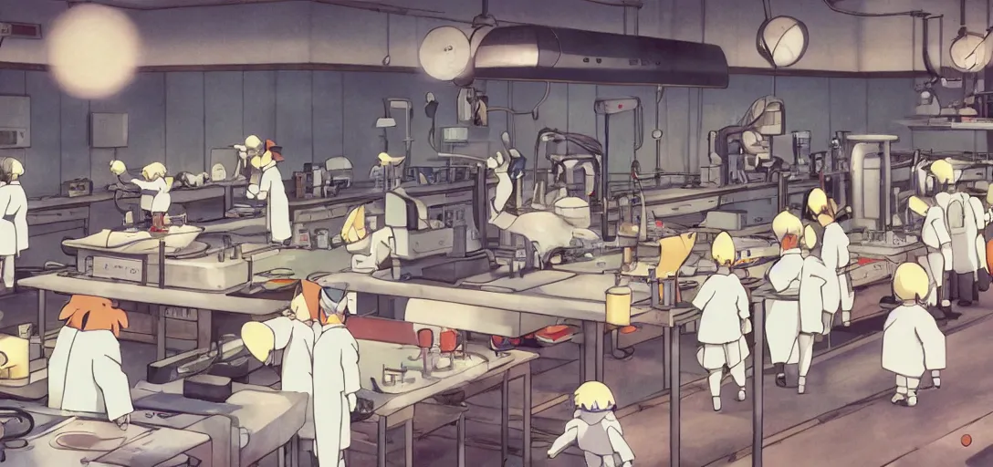 Image similar to A dimly lit laboratory with machines that clone Pokémon, art by Hayao Miyazaki, art by Studio Ghibli, anime style