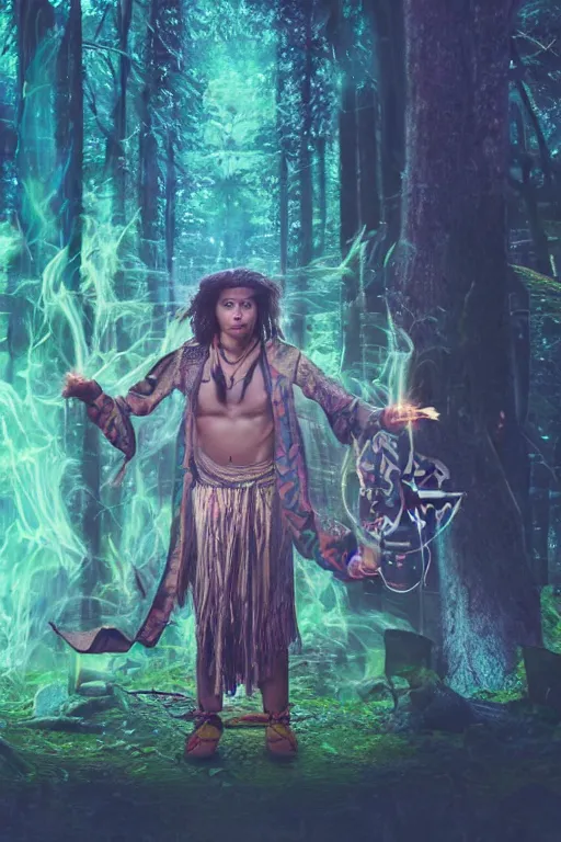 Image similar to photorealistic photo of an aztec sorcerer casting a powerful spell in a dark forest, ultra hd, hd, 4 k, highly detailed, small details, vaporwave colors, faded effect, 9 0 s vibe, detailed face, perfect face, realistic, national geographic cover,