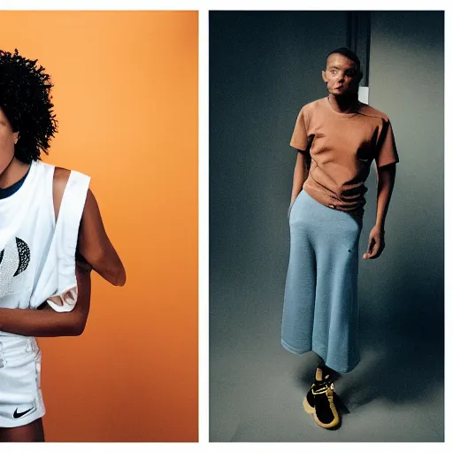 Image similar to realistic! photoshoot for a new nike lookbook, color film photography, portrait of a beautiful woman, location in a apartment, highly detailed, 8K, in style of tyler mitchell, 35mm