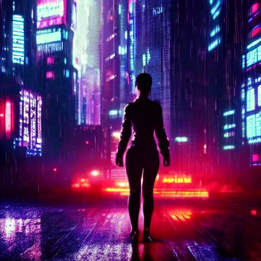 Image similar to jennifer connelly starring in a cyberpunk movie in a distopic futuristic city in the style of bladerunner, movie still, highly detailed, rainy night, volumetric lights, dramatic, scifi, sharp focus