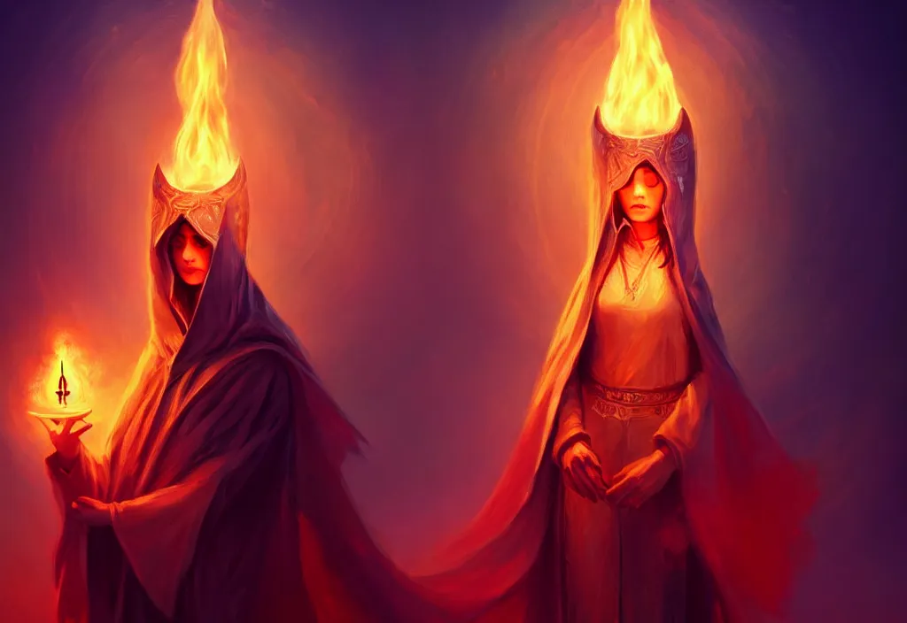 Image similar to ( a priestess with a hood that covers half her face carries an incense burner that emits a pleasantly colored flame. ) by anato finnstark, dream, full body portrait, dynamic lighting, beautiful, trending on artstation, wallpaper, 4 k, award winning, digital art, very detailed faces