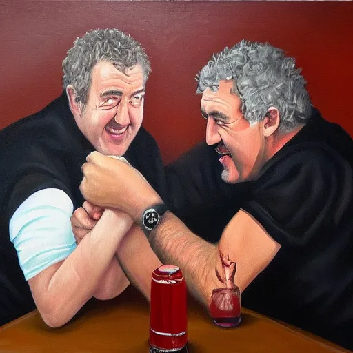 Image similar to oil painting of jeremy clarkson and jeremy corbyn arm wrestling in a dingy pub