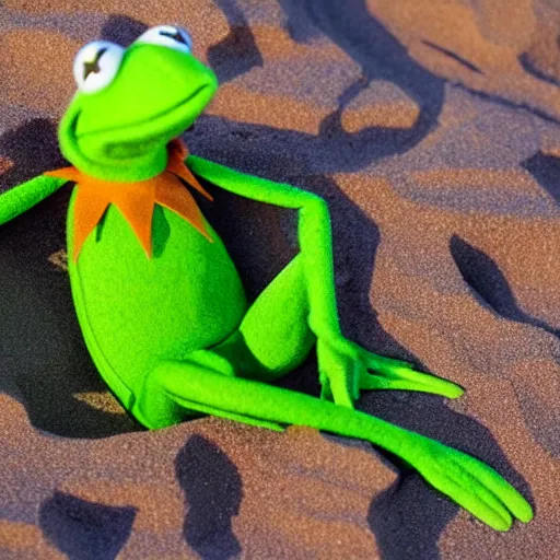 Image similar to Kermit the frog tanning on the beach photo 4k model hd