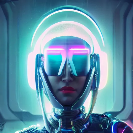 Prompt: a futuristic woman with glowing eyes and a helmet, cyberpunk art by mike winkelmann, trending on cgsociety, panfuturism, futuristic, sci - fi, retrowave