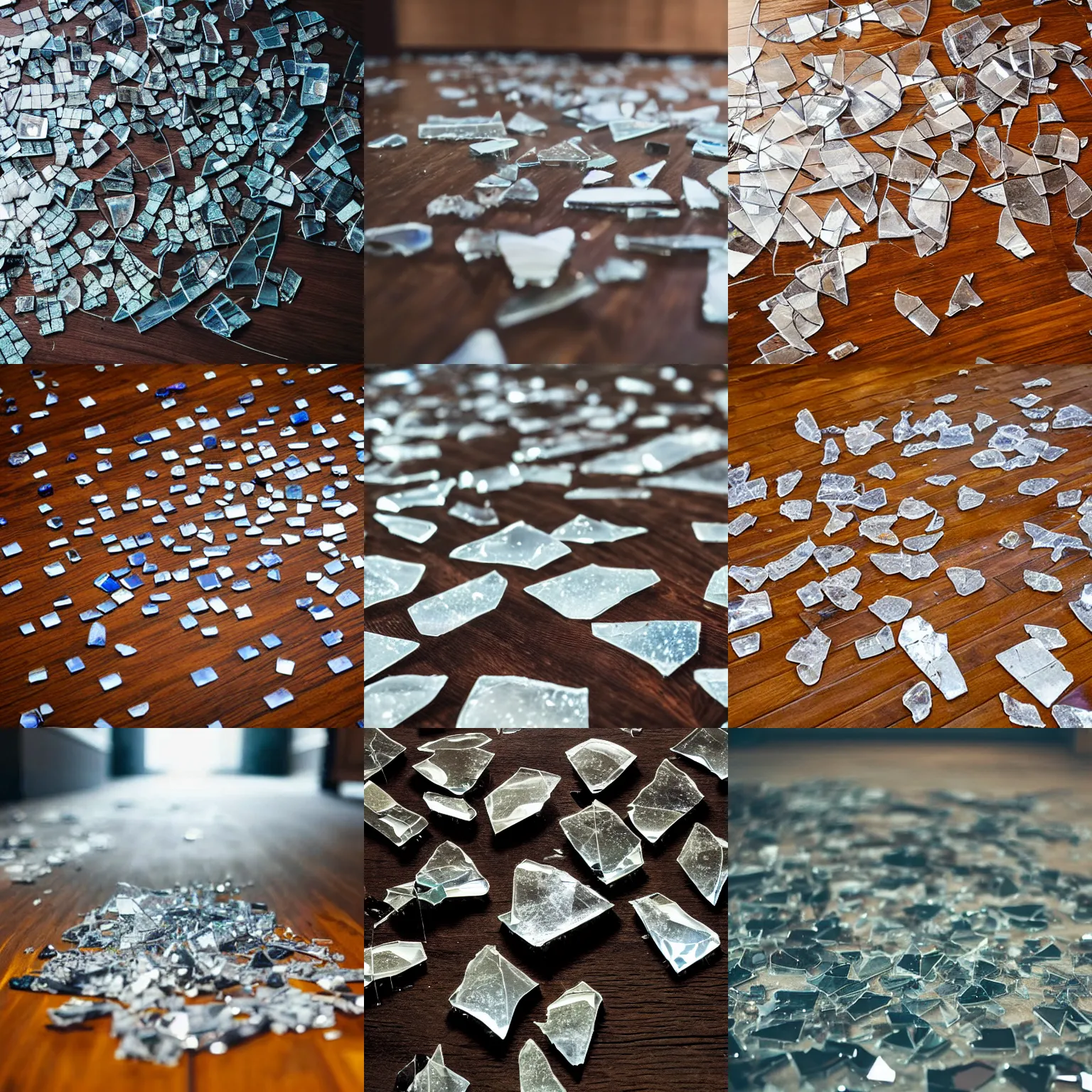 Prompt: shattered pieces of glass resting on a polished wooden floor