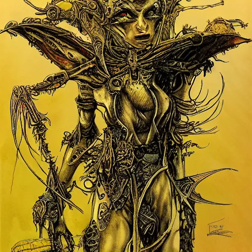 Prompt: portrait of ethereal young goblin princess in golden armour by Ian Miller