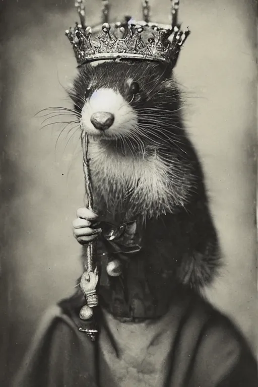 Prompt: a magnificent wet plate photo of a ferret king, wearing a crown, wearing a robe