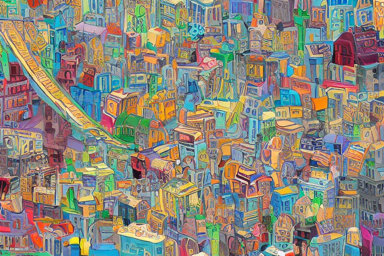 Image similar to an elaborate penned child illustration of a colorful intricate connected city of tubes and pipes, by jan van haasteren