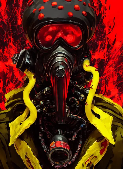 Prompt: half body portrait of an evil deity, a squid man in yellow gas mask and black rugged ornate trench coat oozing with smoke and red aura. in style of yoji shinkawa and hyung - tae kim, trending on artstation, dark fantasy, great composition, concept art, highly detailed, dynamic pose, vibrant colours.