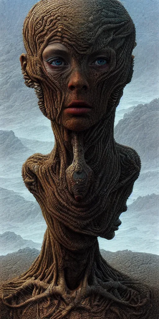 Prompt: ultra realist intricate detailed portrait of a single rugged attractive female on an alien landscape, insanity, accurate features, apocalyptic, very intricate details, 8 k resolution, dim lighting, volumetric lighting, artstyle zdzisław beksinski and keith thompson, award winning