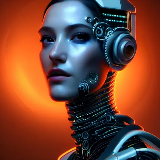 Image similar to Perfectly-Centered Half-body-Portrait of a Mechanical Cyberpunk Female Android, intricate, elegant, super highly detailed, professional digital painting, artstation, concept art, smooth, sharp focus, no blur, no dof, extreme illustration, Unreal Engine 5, Photorealism, HD quality, 8k resolution, cinema 4d, 3D, beautiful, cinematic, art by artgerm and greg rutkowski and alphonse mucha and loish and WLOP