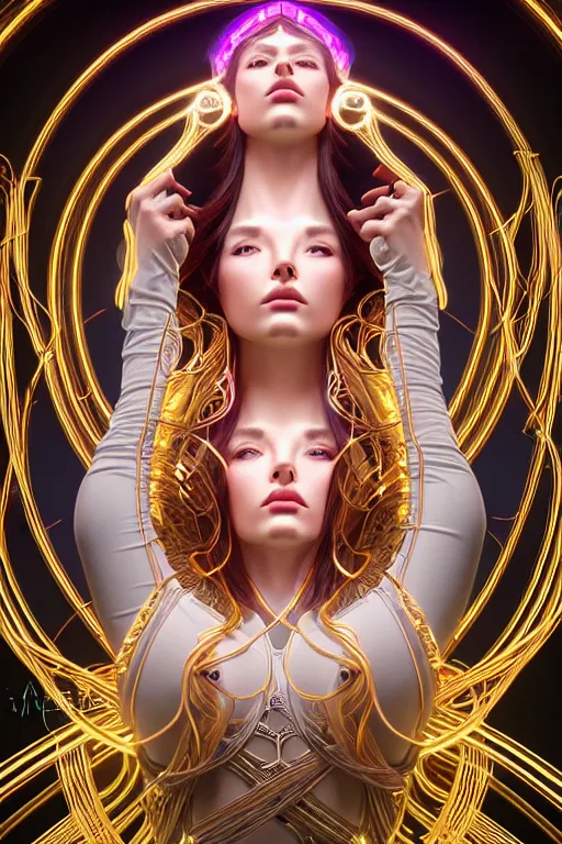 Prompt: symmetrical feminine cyborg goddess rendered in Octane, elegant and ornate futuristic silk robes, held aloft by thousands of glowing wires, glowing white neon eyes, platinum and golden flowing long hair, art by Artgerm and Alphonse Mucha, hyperrealism, full body photorealistic shot, digital render, cinematic lighting ornate jewelry, 8k resolution, masterpiece work