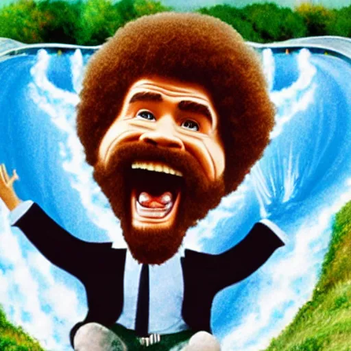 Prompt: bob ross screaming down a giant water slide