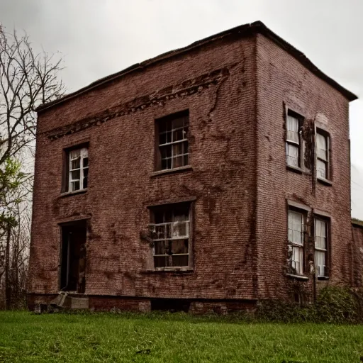 Image similar to Angry monster in the form of an old brick house walking menacingly, people are running away in panic screaming