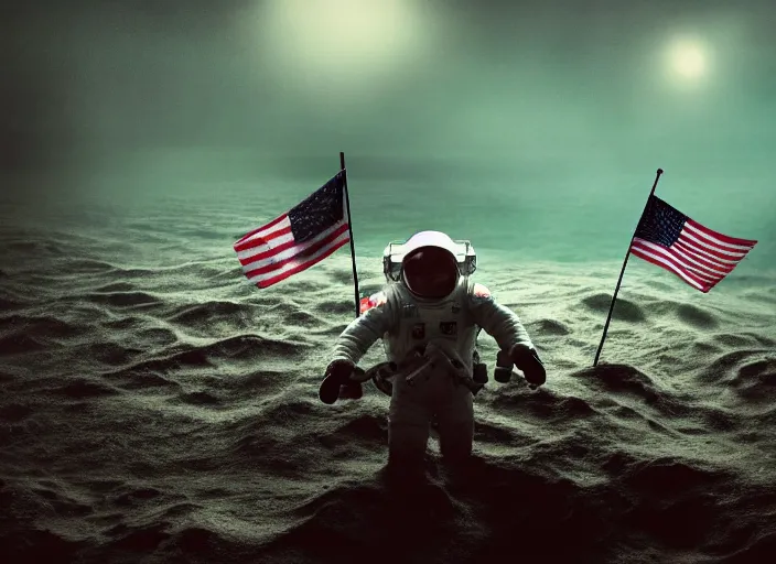 Prompt: astronaut underwater holding a flag in the sand of the bottom of the ocean. there is a submarine in the distance. dark, concept art, cinematic, dramatic, atmospheric, 8 k, trending on artstation, low visibility, fog, zack snyder