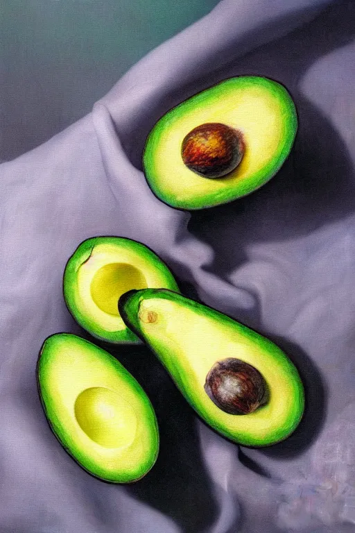 Image similar to A beautiful still life oil painting of Avocados lying on a silk cloth, fog, volumetric lighting, summer, hyperrealistic, colorful, hyperdetailed.