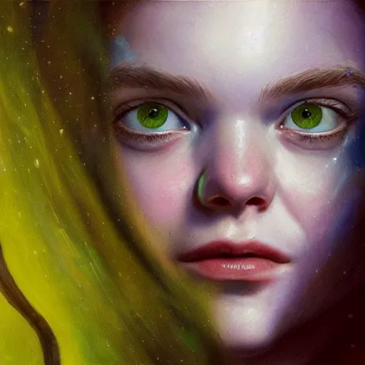 Prompt: portrait of a elle fanning in space face to face with a xenomorph, green lighting, alien 1 9 7 9, detailed realism face in painting, detailed beautiful portrait, oil painting masterpiece, 8 k resolution, smooth, sharp focus, trending on artstation, by rembrandt