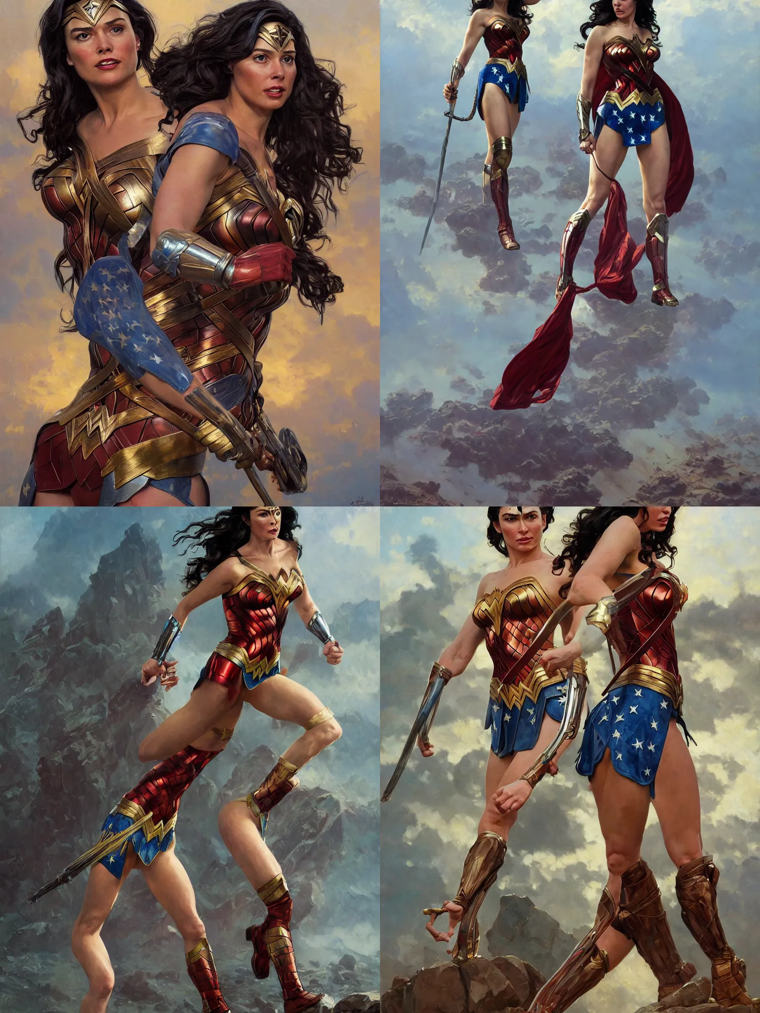 Prompt: oil painting of Jennifer Connely as wonder woman by Simon Stålenhag, by Stanley Artgerm Lau, Greg Rutkowski, Thomas Kinkade ,Alphonse Mucha, Loish, Norman Rockwell ,trending on artstation , rule of thirds, Highly detailed, anatomically correct, dramatic lighting, fashion, oil on canvas