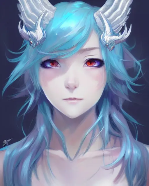 Prompt: character concept art of a girl with ice dragon horns and wings | | very anime, dragon scales, cute - fine - face, pretty face, realistic shaded perfect face, fine details by stanley artgerm lau, wlop, rossdraws, james jean, andrei riabovitchev, marc simonetti, and sakimichan, tranding on artstation
