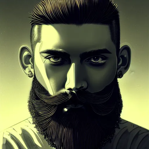 Prompt: bearded man with extremely large and intricate haircut with angry yellow eyes and slim features looking askance, eye cyberpunk bionics, retro futurist style, intricate, elegant gleaming intricate baroque jewelry, angelic halo, highly detailed, digital painting, artstation, concept art, smooth, sharp focus, illustration, art by wlop, mars ravelo and greg rutkowski,