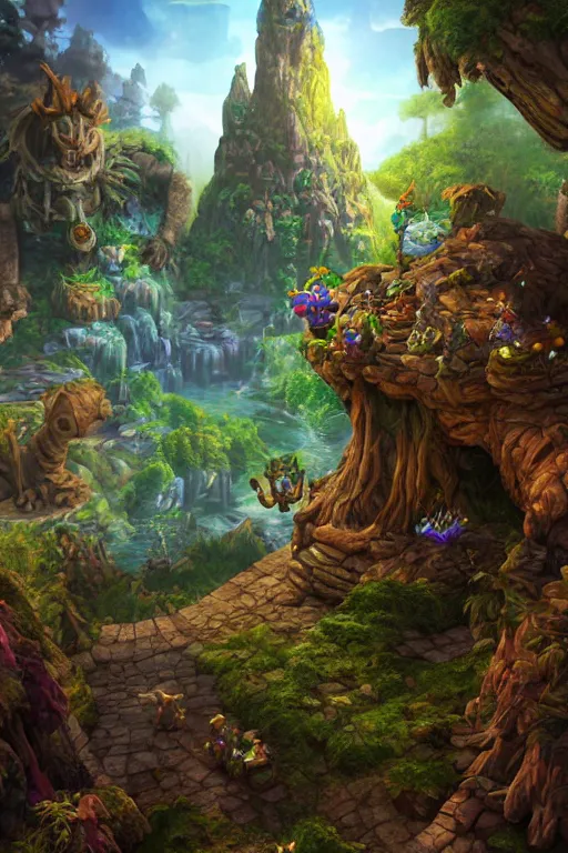 Image similar to zelda fantasy art giant golem troll wood rock greeble gemstone enchanted forest, global illumination ray tracing hdr fanart arstation by sung choi and eric pfeiffer and gabriel garza and casper konefal bastion forged hardmesh lisa frank zbrush central radiating a glowing aura global illumination ray tracing hdr