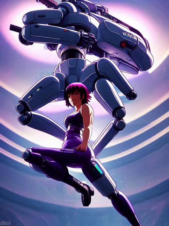 Image similar to a fullbody action still of motoko kusanagi riding on top of a tachikoma, the major ghost in the shell : : stand alone complex, under repairs, maintenance : : by ilya kuvshinov, rossdraws, artgerm, sola digital arts, anti aliasing, raytracing : :