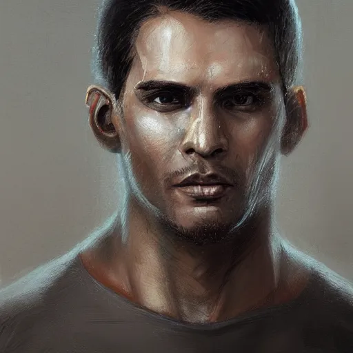 Image similar to Portrait of a man by Greg Rutkowski, cyborg, he is about 30 years old, indian, cybernetic eyes implants, messy long black hair, slim and tall, he is wearing utilitarian beige black jumpsuit, highly detailed portrait, digital painting, artstation, concept art, smooth, sharp foccus ilustration, Artstation HQ.