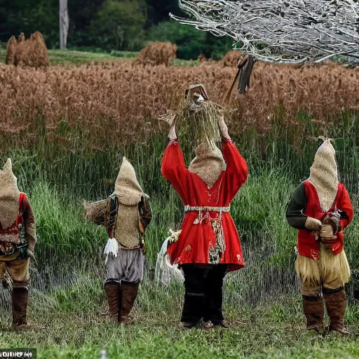 Image similar to dwarves in traditional clothes in mushroom fields put up a scarecrow from bats