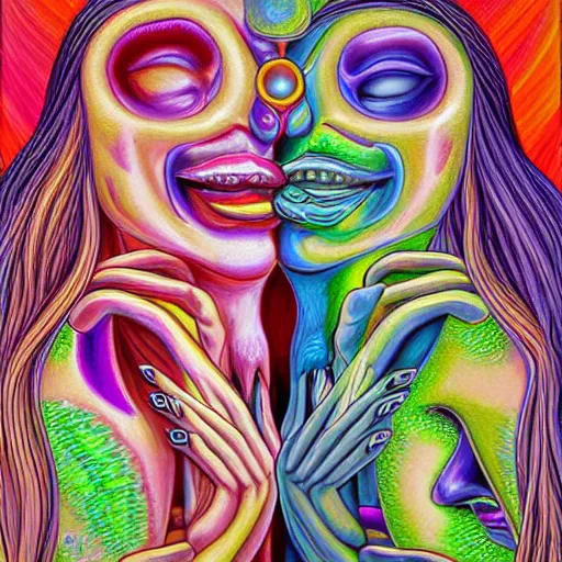 Prompt: emotive painting by alex grey of two bizarre femme creatures kissing each other closeup. they have strange appendages. they are in a psychedelic landscape. speculative evolution, exobiology, golden ratio