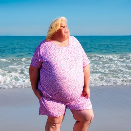 Image similar to an extremely obese middle age woman on the beach wearing an oversized tshirt and shorts