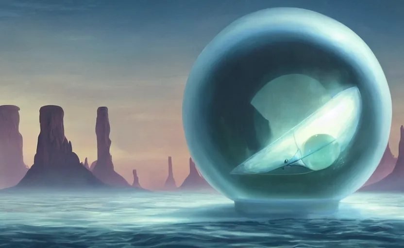 Image similar to a scary hyperrealist painting of a rocketship in a giant transparent forcefield crystal ball from howl's moving castle ( 2 0 0 4 ) in a flooded monument valley stonehenge jungle. depth perception, 4 k, artstation, in the style of studio ghibli