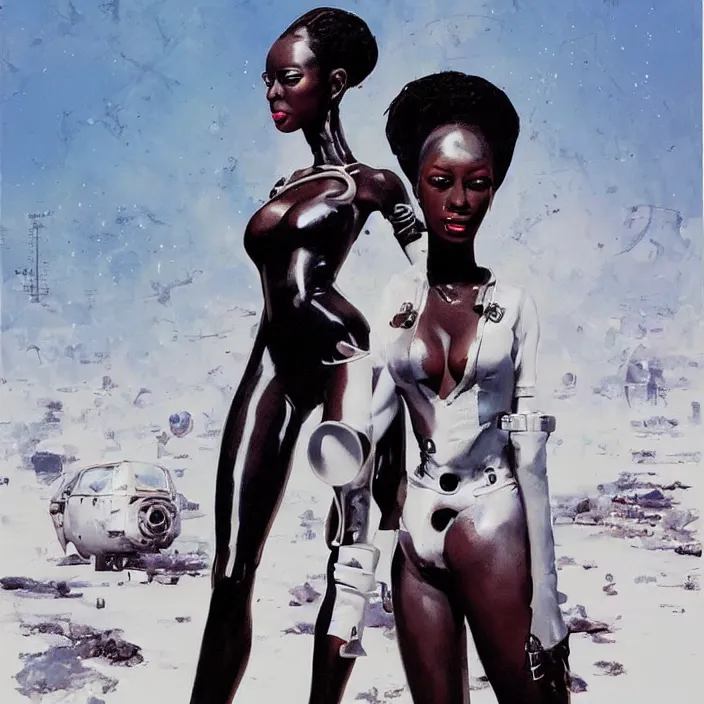 Prompt: slim and cute african domme mistress, full body, black supremacy, rubber and latex, postapocalyptic, smooth white surroundings, future, high tech, concept art, realistic painting, digital art by john berkey, by takashi murakami