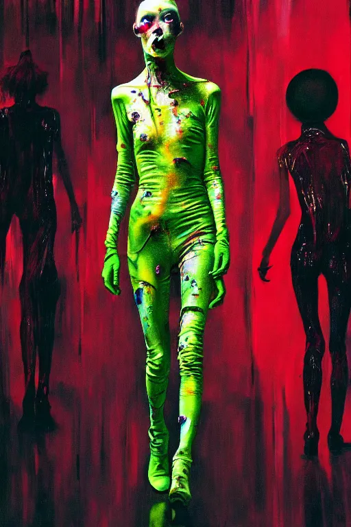 Image similar to crazy fashion catwalk, one model, crazy clothes, biopunk style, horror, clothes look like slime, hauntingly surreal, highly detailed painting by francis bacon, edward hopper, adrian ghenie, gerhard richter, and james jean soft light 4 k,