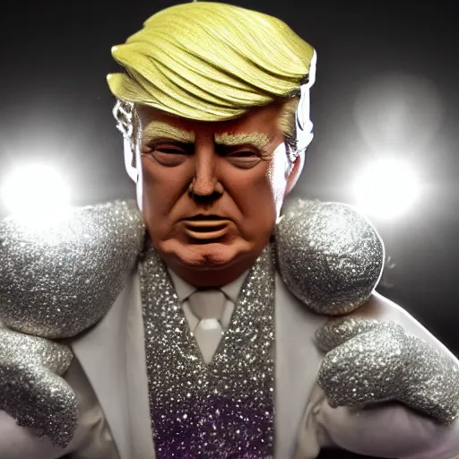 Image similar to Donald Trump with silver-violet hair, white eyes and golden glittery dress, wide lens, diorama, 4k,