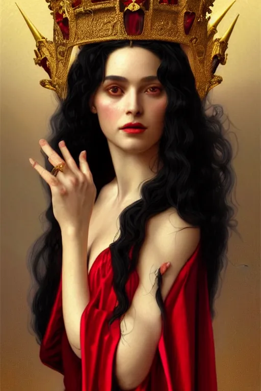 Image similar to Portrait of historically accurate, ancient biblical, sultry, sneering, evil, pagan, wicked, young queen jezebel, wearing gilded red robes, long black hair, intricate, elegant, highly detailed, digital painting, artstation, concept art, smooth, sharp focus, illustration, art by artgerm and greg rutkowski and alphonse mucha and andrei riabovitchev