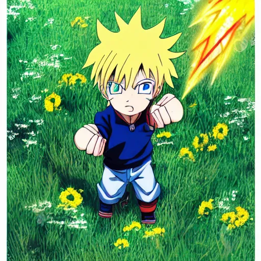 Prompt: “Anime key visual of a young innocent boy with yellow hair and lightning powers in a meadow, detail, 8k, anime, detailed eyes, official media, big eyes, short body, Illustrated by Akira Toriyama, Illustrated by Kohei Horikoshi, official media”